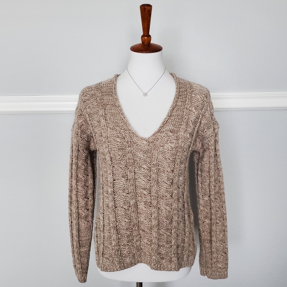 John + Jenn Anthropologie V-neck Knit Sweater Long Sleeve Tan S Side Slits